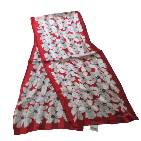 Ralph Lauren Floral 100% Silk Scarf Red and White Daisy Print 12” X 52” NEW Gift - Picture 1 of 7
